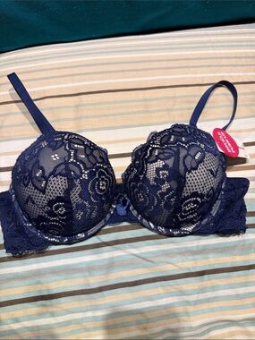 Emily Johnson Navy Blue Lace Overlay Double Push-Up Bra